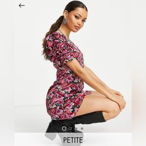 NWOT Topshop Petite Bold Floral Mini Puff Sleeve Dress Size 14